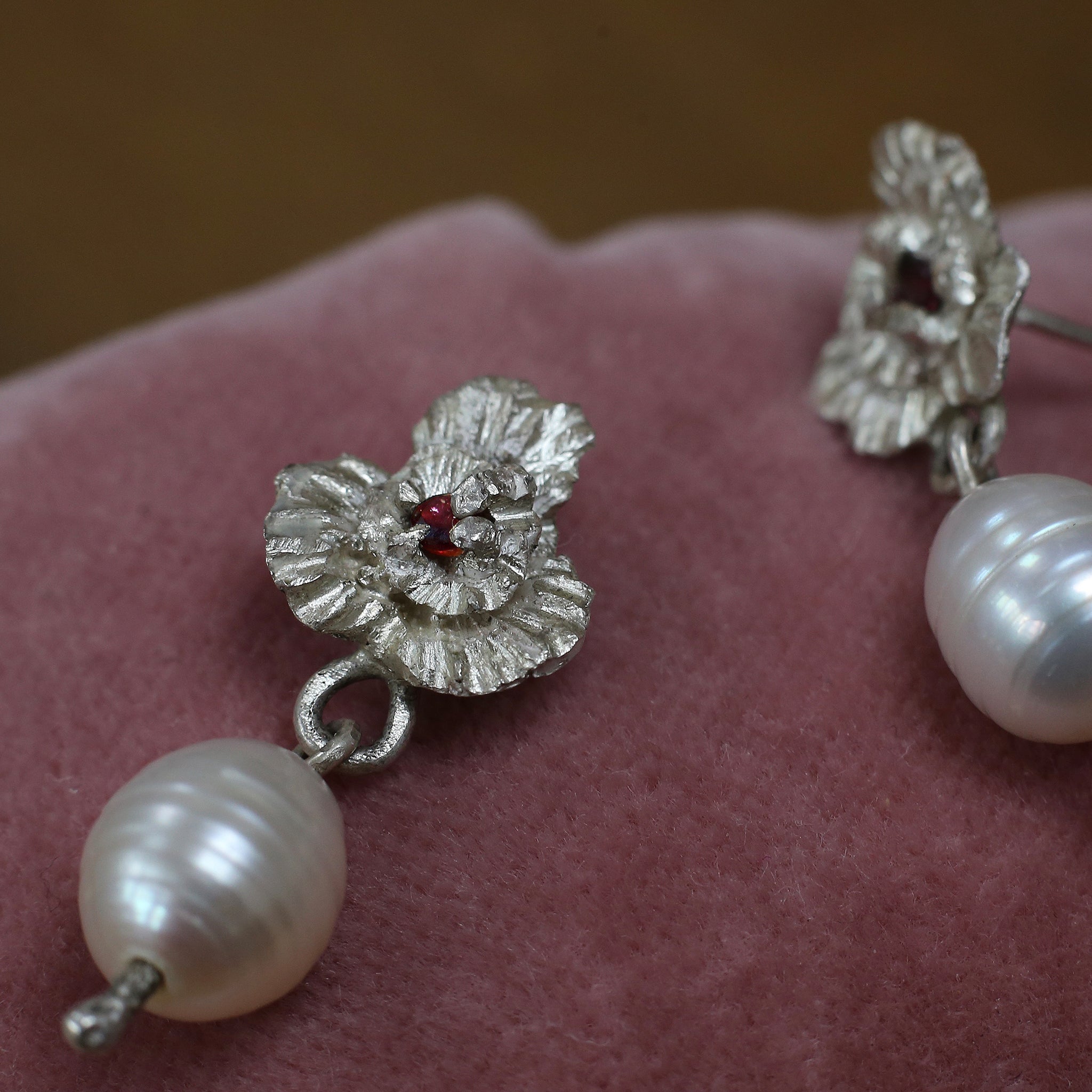 Wild Pansy Earrings withTourmalines and Pearls